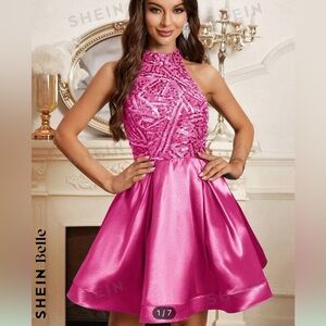 Shein hot pink A-line sequin halter 8-10 large dress